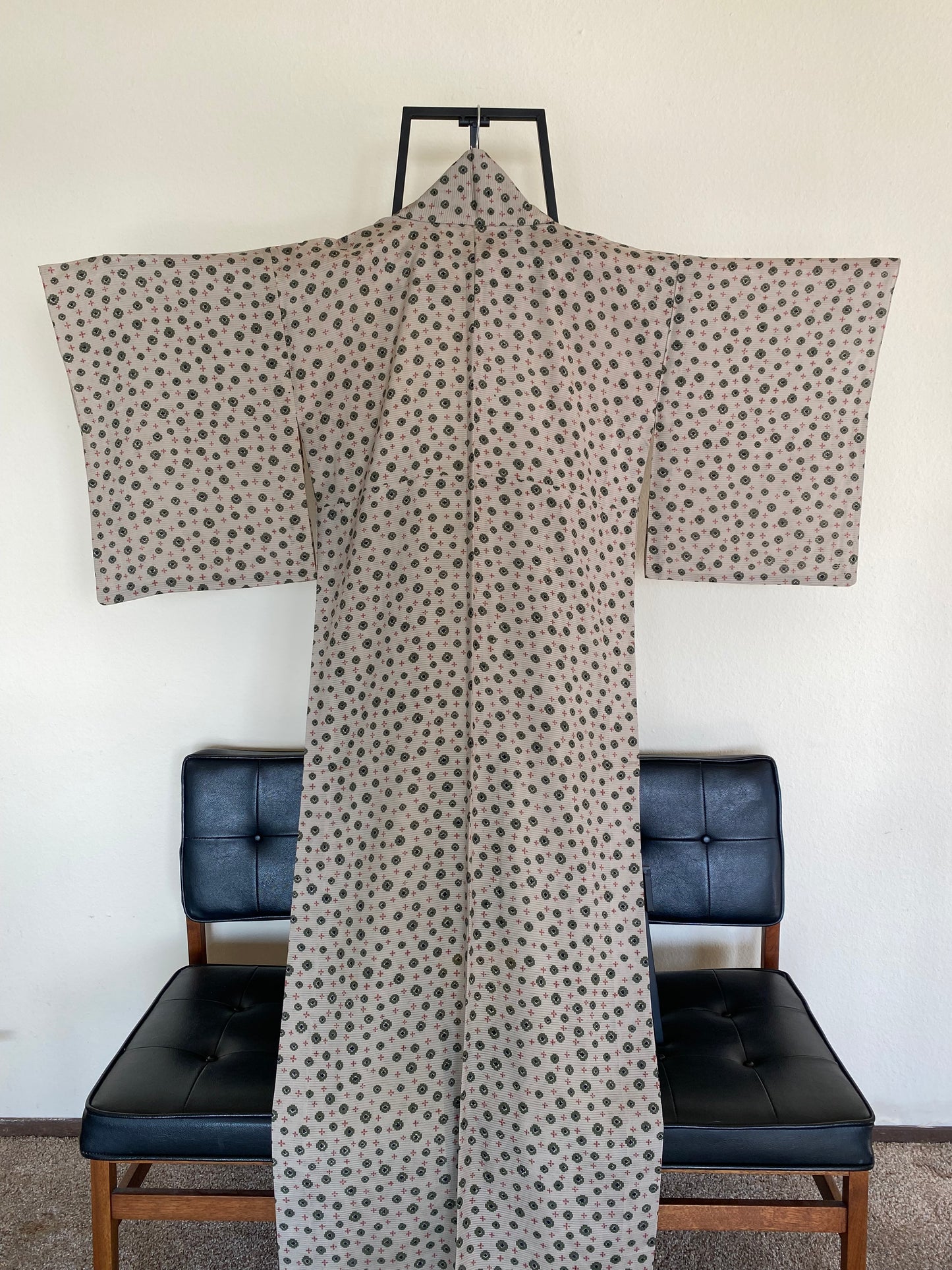 Vintage 100% Silk Kimono – Taupe with Tiny Green & Red Dot Pattern