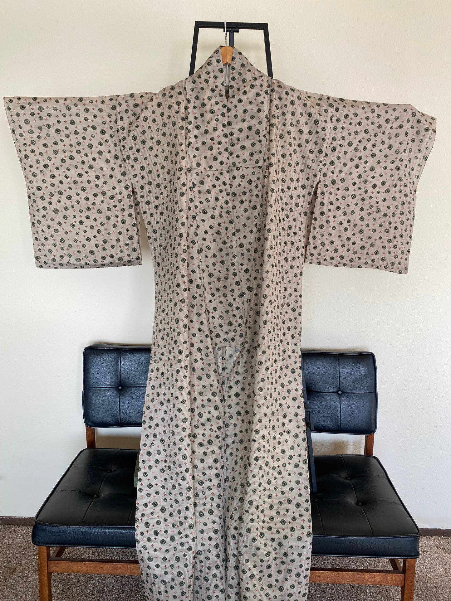 Vintage 100% Silk Kimono – Taupe with Tiny Green & Red Dot Pattern