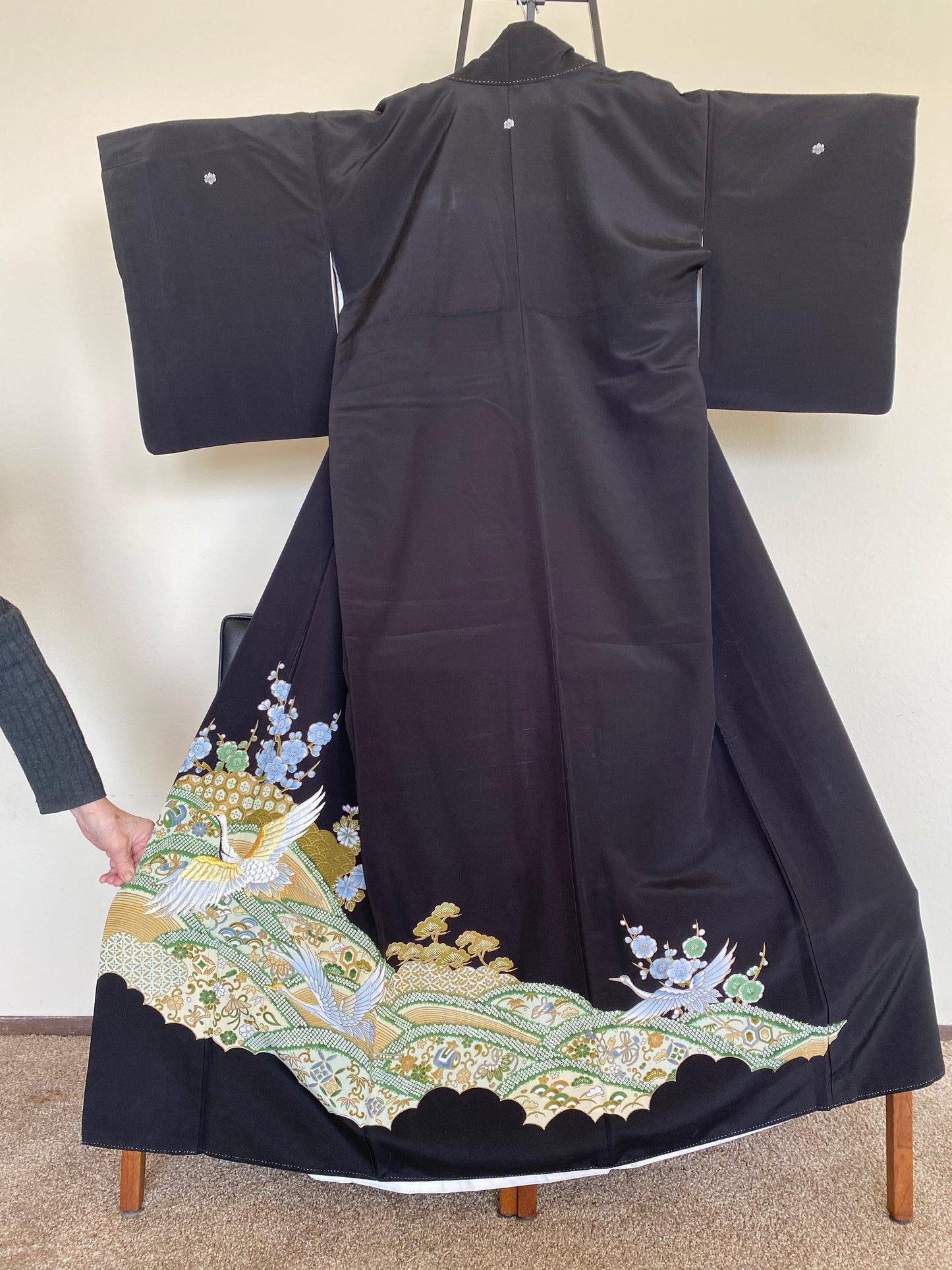 Vintage 100% Silk Kurotomesode Kimono – Black with Crane & Garden Motif (Worn by Mary Ohno)