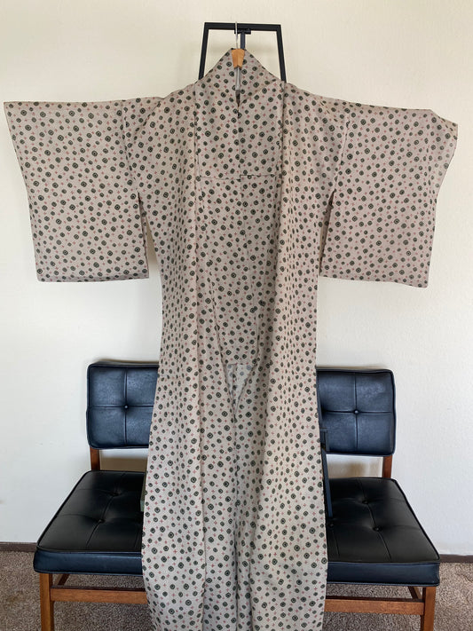 Vintage 100% Silk Kimono – Taupe with Tiny Green & Red Dot Pattern