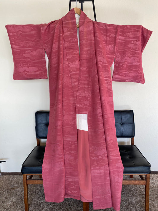 Vintage 100% Silk Kimono – Rose Pink Textured Botanical Stripe Pattern