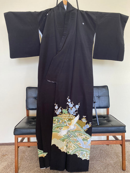 Vintage 100% Silk Kurotomesode Kimono – Black with Crane & Garden Motif (Worn by Mary Ohno)